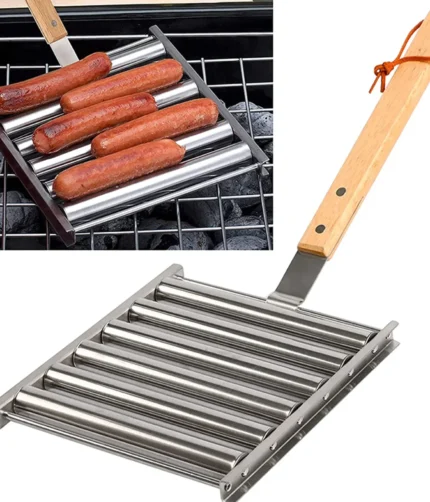 Sausage Roller BBQ Grill Rack Stainless Steel Hotdog Roller Grill Brackets Portable Non-Stick Barbecue Tool for Camping Picnic