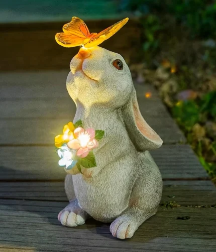 Solar Bunny Statue Garden Decor with Butterfly LED Light Resin Animal Sculpture Figurine Outdoor Decoration for Garden Courtyard