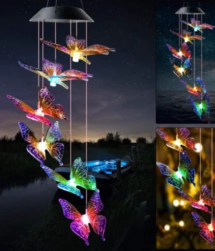 Butterfly Solar Wind Chime Light 120mAh Multicolor Light Waterproof Chandelier with Bell for Garden Home Yard Lawn Decoration
