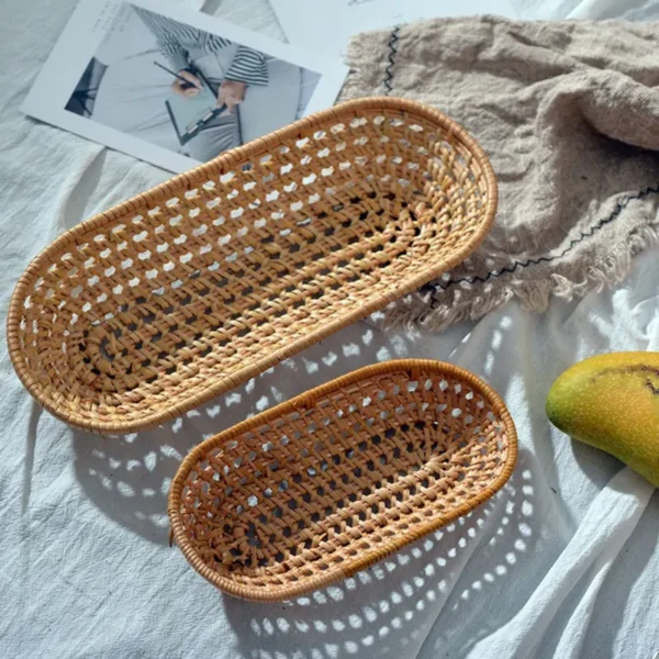 Round/Oval Rattan Woven Storage Basket Bread Fruit Food Storage Tray Knife And Fork Baskets Breakfast Display Box Kitchen Tools