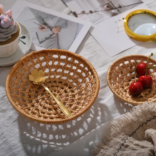 Round/Oval Rattan Woven Storage Basket Bread Fruit Food Storage Tray Knife And Fork Baskets Breakfast Display Box Kitchen Tools - Image 3