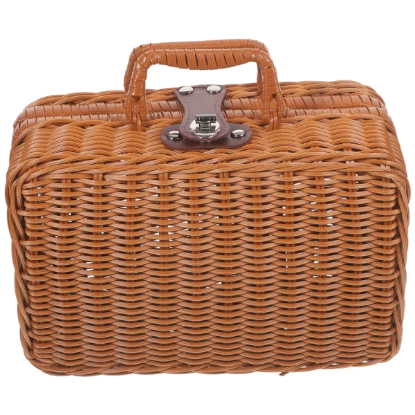 Imitation Rattan Vintage Travel Suitcase Woven Picnic Hamper Storage Box Wicker Basket Simulated - Image 5