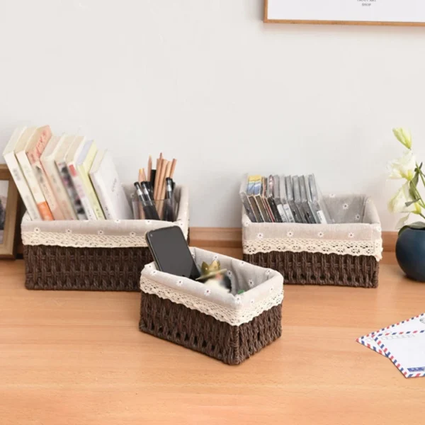 Hand Woven Storage Baskets with Lid Home Storage Handmade Rattan Box Desktop Sundries Organizer Food Snack Picnic Wicker Baskets - Image 2