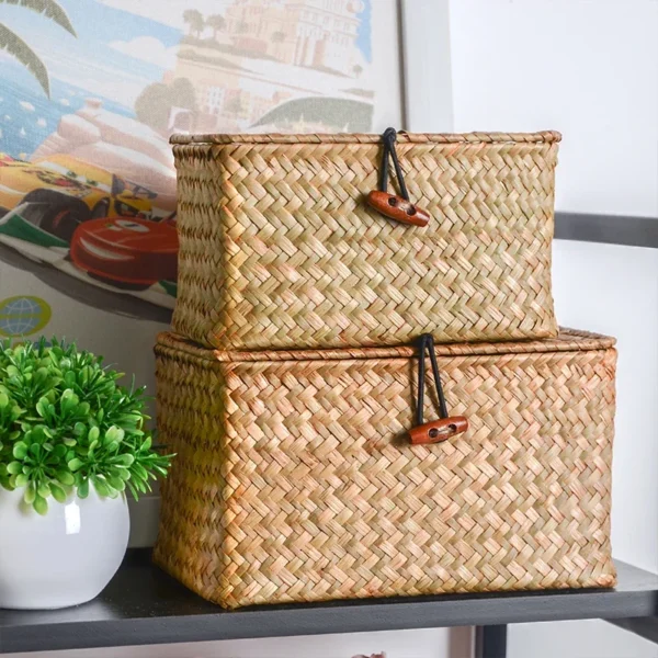 Retro Rattan With Lid Gift Box Seagrass Hand-woven Storage Baskets Desktop Storage Box Companion Gift Basket - Image 5