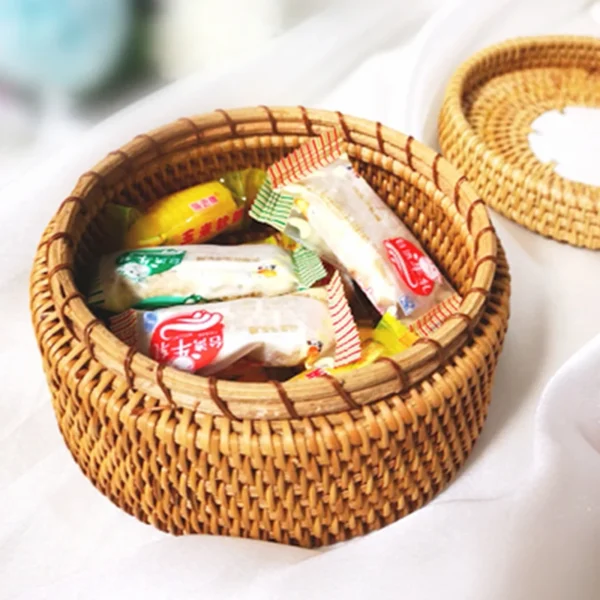 Handmade Storage Box Woven Baskets Picnic Rattan Basket Wicker Small Woven Storage Bin Autumn Vines Handwoven Basket With Lid - Image 4