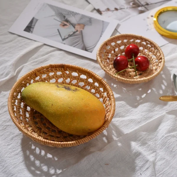 Round/Oval Rattan Woven Storage Basket Bread Fruit Food Storage Tray Knife And Fork Baskets Breakfast Display Box Kitchen Tools - Image 6