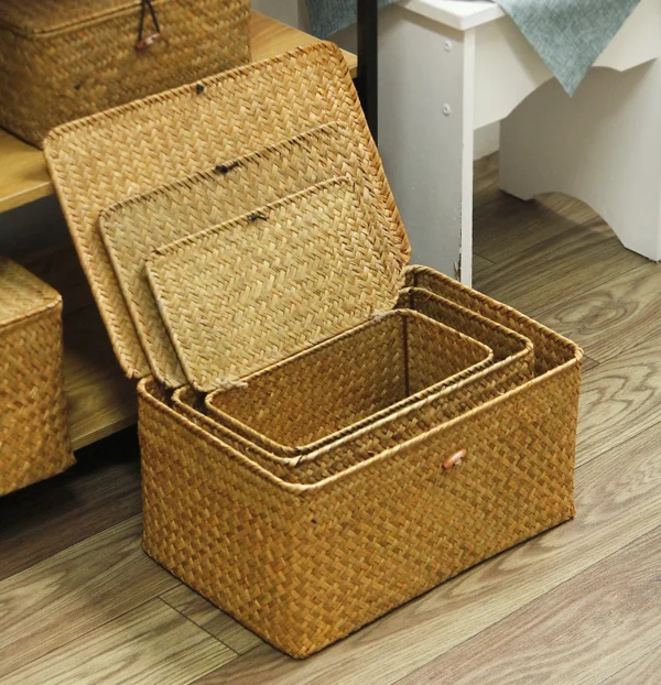 Retro Rattan With Lid Gift Box Seagrass Hand-woven Storage Baskets Desktop Storage Box Companion Gift Basket