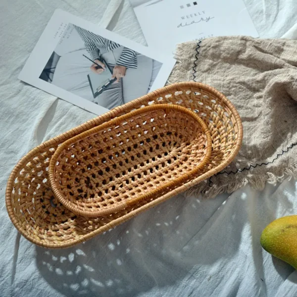 Round/Oval Rattan Woven Storage Basket Bread Fruit Food Storage Tray Knife And Fork Baskets Breakfast Display Box Kitchen Tools - Image 2