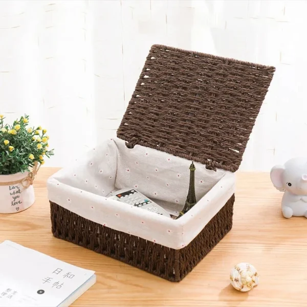 Hand Woven Storage Baskets with Lid Home Storage Handmade Rattan Box Desktop Sundries Organizer Food Snack Picnic Wicker Baskets - Image 3