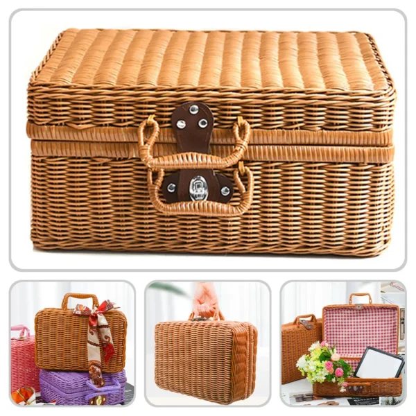 Imitation Rattan Vintage Travel Suitcase Woven Picnic Hamper Storage Box Wicker Basket Simulated - Image 4