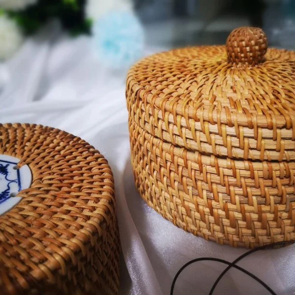 Handmade Storage Box Woven Baskets Picnic Rattan Basket Wicker Small Woven Storage Bin Autumn Vines Handwoven Basket With Lid - Image 2