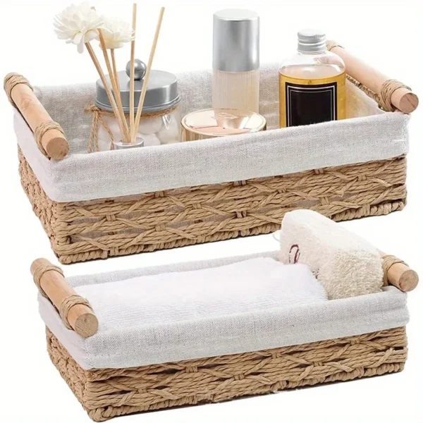 1pc Bathroom and Kitchen Storage Basket - Small Wicker Organizer for Countertops - Round Paper Rope