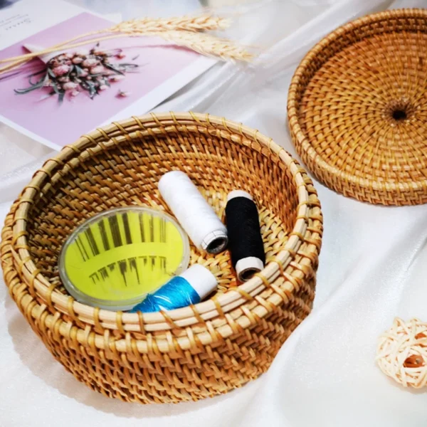 Handmade Storage Box Woven Baskets Picnic Rattan Basket Wicker Small Woven Storage Bin Autumn Vines Handwoven Basket With Lid - Image 3