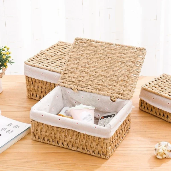 Hand Woven Storage Baskets with Lid Home Storage Handmade Rattan Box Desktop Sundries Organizer Food Snack Picnic Wicker Baskets