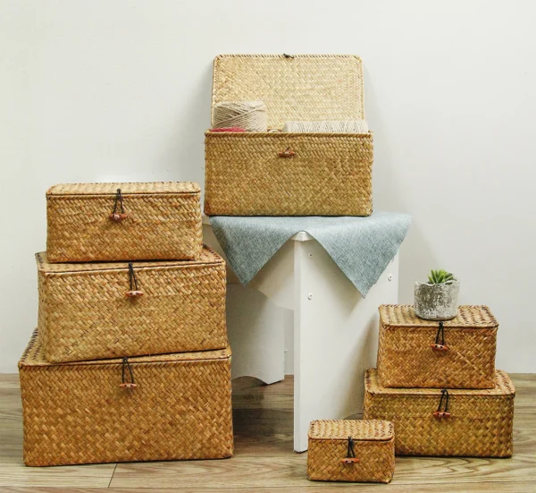 Retro Rattan With Lid Gift Box Seagrass Hand-woven Storage Baskets Desktop Storage Box Companion Gift Basket - Image 6